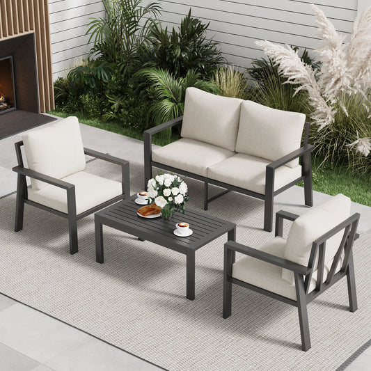 4-Piece Aluminum Patio Conversation Sets All-Weather Sectional Outdoor Furniture Set with Coffee Table & Cushions with Removable Covers for for Backyard, Garden and Poolside Easy Assembly(Beige)