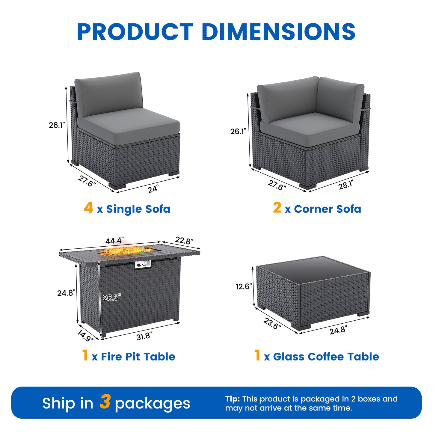 VONZOY Patio Furniture Sets, 7-Piece Outdoor Patio Furniture with Thick Cushions,Coffee Table Outdoor All-Weather Conversation Set Sectional Sofa for Backyard, Poolside, Garden(Grey)