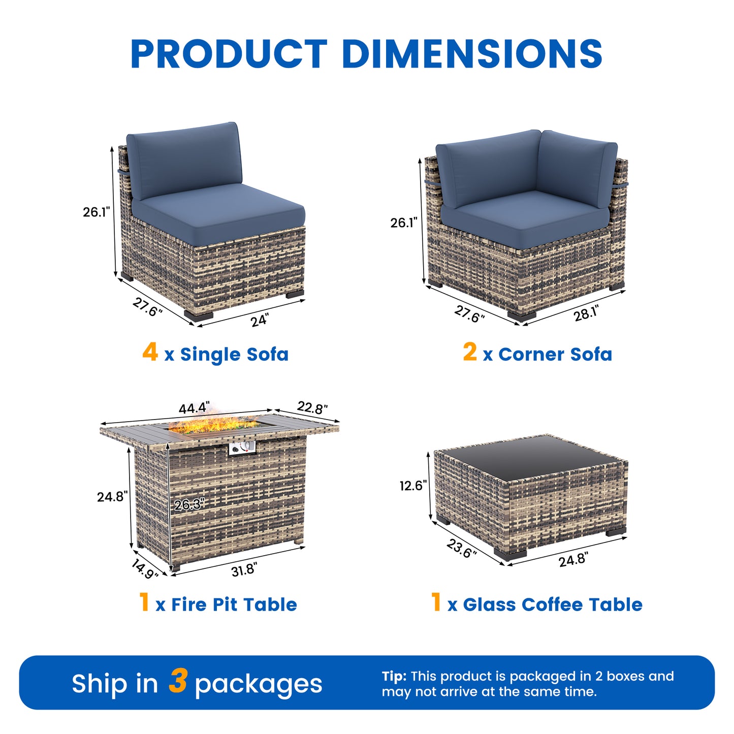 VONZOY 8-Piece Patio Furniture Set with 44” Fire Pit Table - All-Weather Wicker Conversation Sectional Sofa & Coffee Table with Thickened Cushions for Backyard, Garden(Navy Blue)