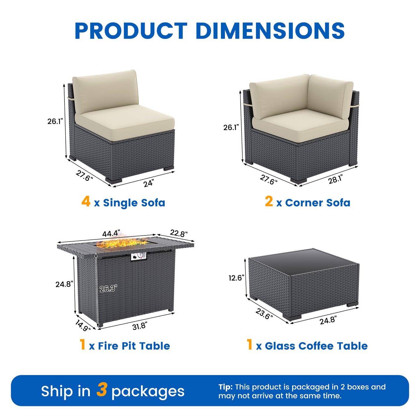 VONZOY Patio Furniture Sets, 7-Piece Outdoor Patio Furniture with Thick Cushions,Coffee Table Outdoor All-Weather Conversation Set Sectional Sofa for Backyard, Poolside, Garden(Khaki)