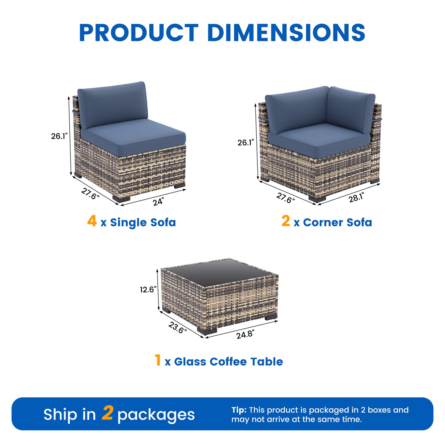 VONZOY Patio Furniture Sets, 7-Piece Outdoor Patio Furniture with Thick Cushions,Coffee Table Outdoor All-Weather Conversation Set Sectional Sofa for Backyard, Poolside, Garden(Navy Blue)