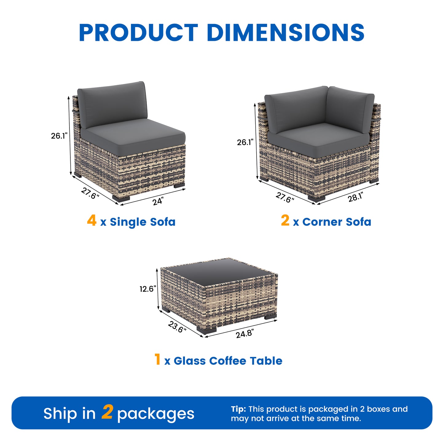 VONZOY Patio Furniture Sets, 7-Piece Outdoor Patio Furniture with Thick Cushions,Coffee Table Outdoor All-Weather Conversation Set Sectional Sofa for Backyard, Poolside, Garden(Grey)
