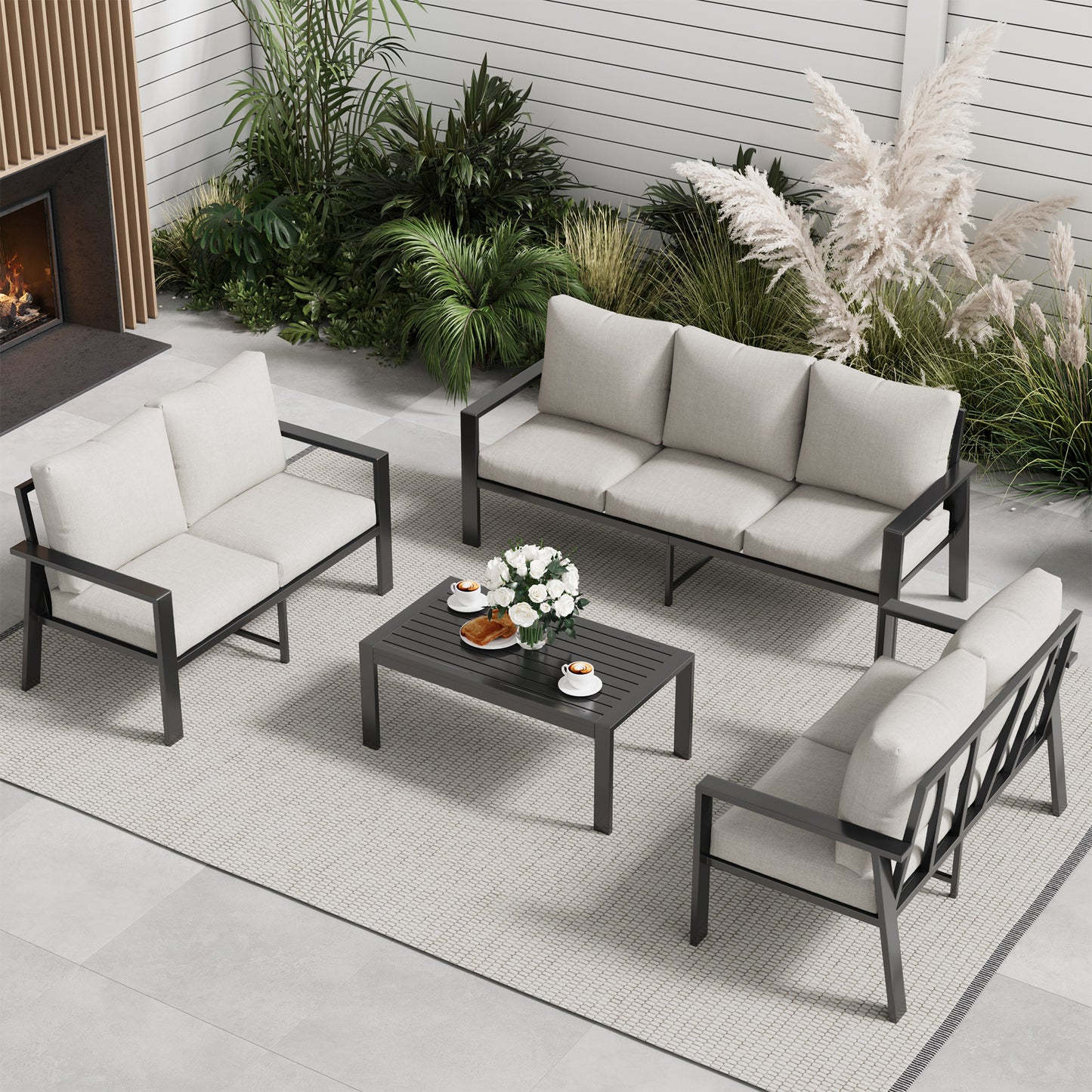 VONZOY 4-Piece Patio Conversation Set, 7 Seats Outdoor Furniture Set Modern Aluminum Sectional Sofa with Upgrade Cushion and Coffee Table for Balcony, Porch,Garden,Backyard