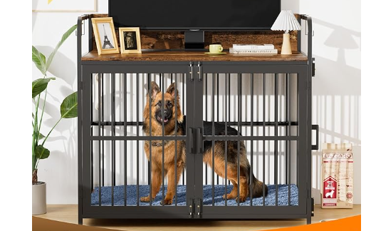 Wooden Dog Crate Furniture for Large Dogs, 43‘ Wooden Double Door Large Dog Crate, Decorative Pet House Crate Side Table for Large or Medium Dogs (43.3’ W x 27.6‘ D x 39.3’ H)