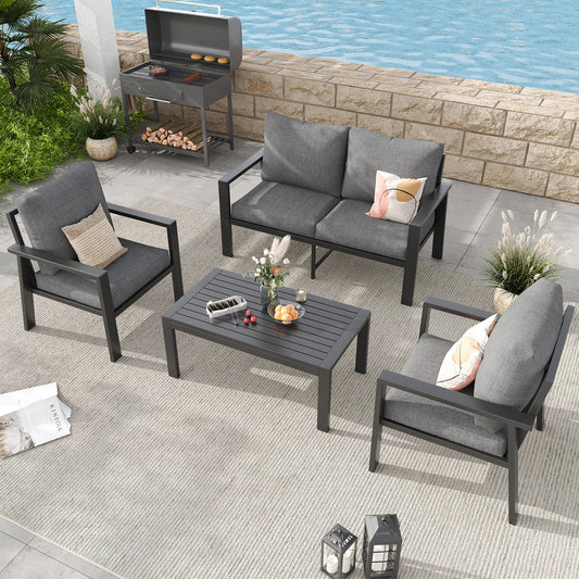 4-Piece Aluminum Patio Conversation Sets All-Weather Sectional Outdoor Furniture Set with Coffee Table & Cushions with Removable Covers for for Backyard, Garden and Poolside Easy Assembly(Gray)