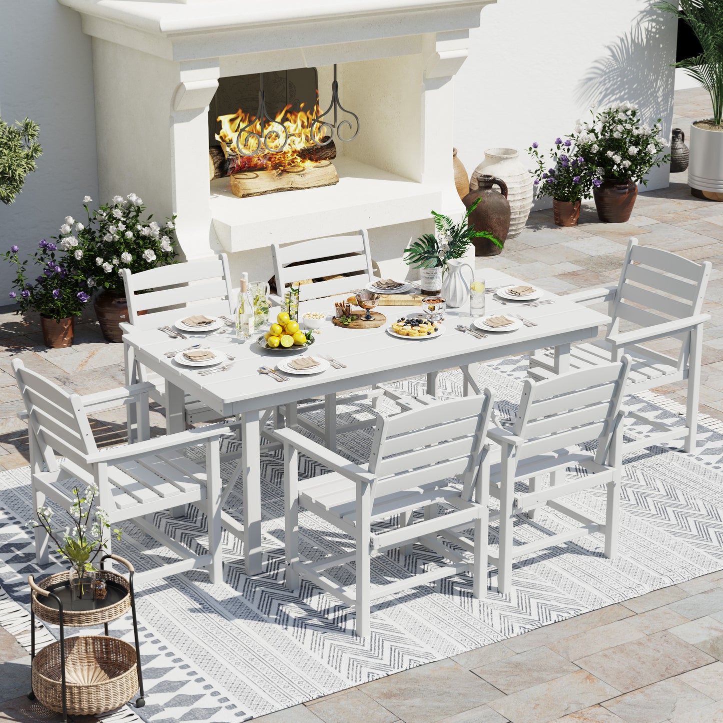 VONZOY 7-Piece Patio Dining Sets, HDPE Outdoor Furniture with Umbrella Hole, Modern 7 Piece Dining Table Set with Chairs,Patio Table and Chairs Set for Garden, Backyard, Poolside, White (6+1)