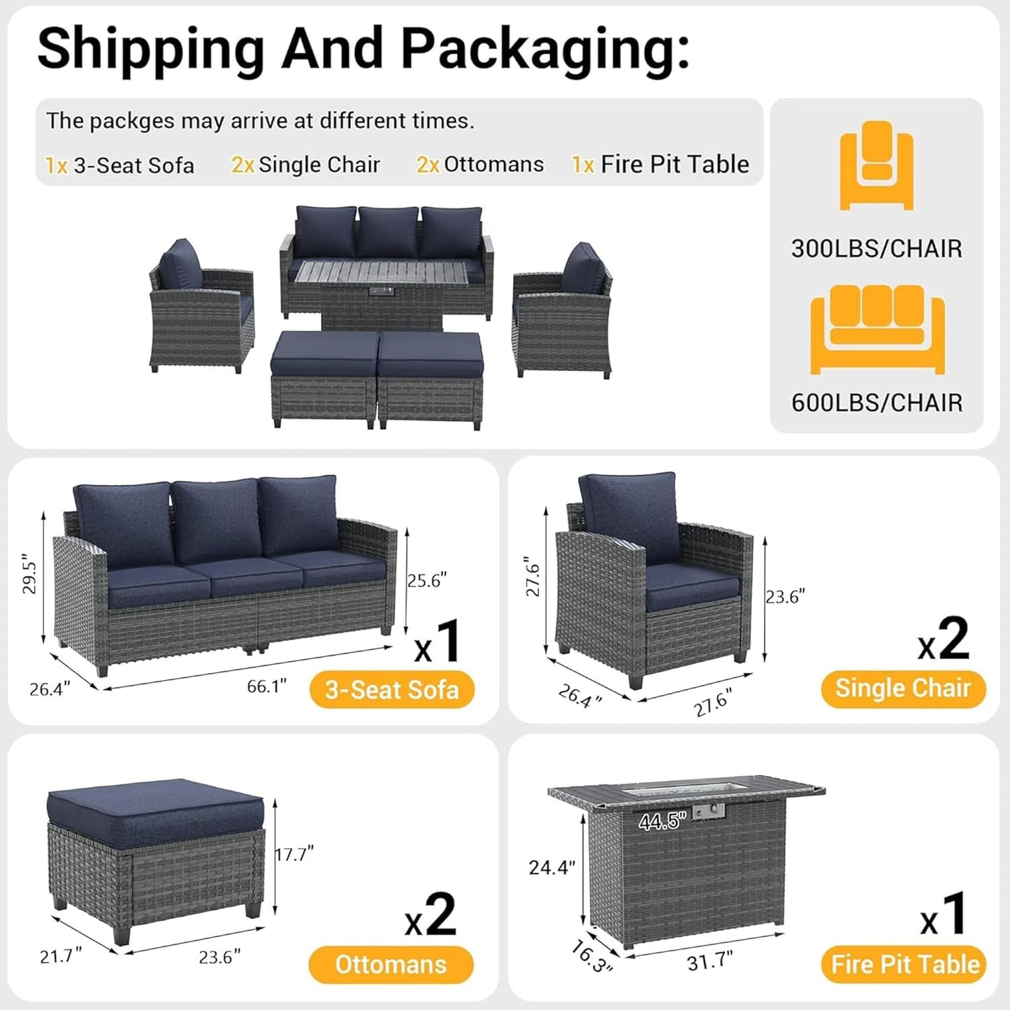 VONZOY 6 Pcs Patio Furniture Set with 44" Propane Gas Fire Pit Table, Rattan Outdoor Couch with Ottomans, 4" Thick Cushions for Backyard Garden Deck,Navy Blue