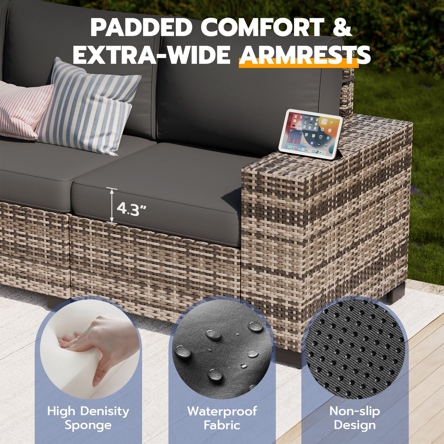 VONZOY Patio Furniture Set, Wide Armrest Outdoor Furniture Set with Thick Cushions, 6 Piece Wicker Rattan Patio Sectional Sofa for Backyard, Poolside, Garden