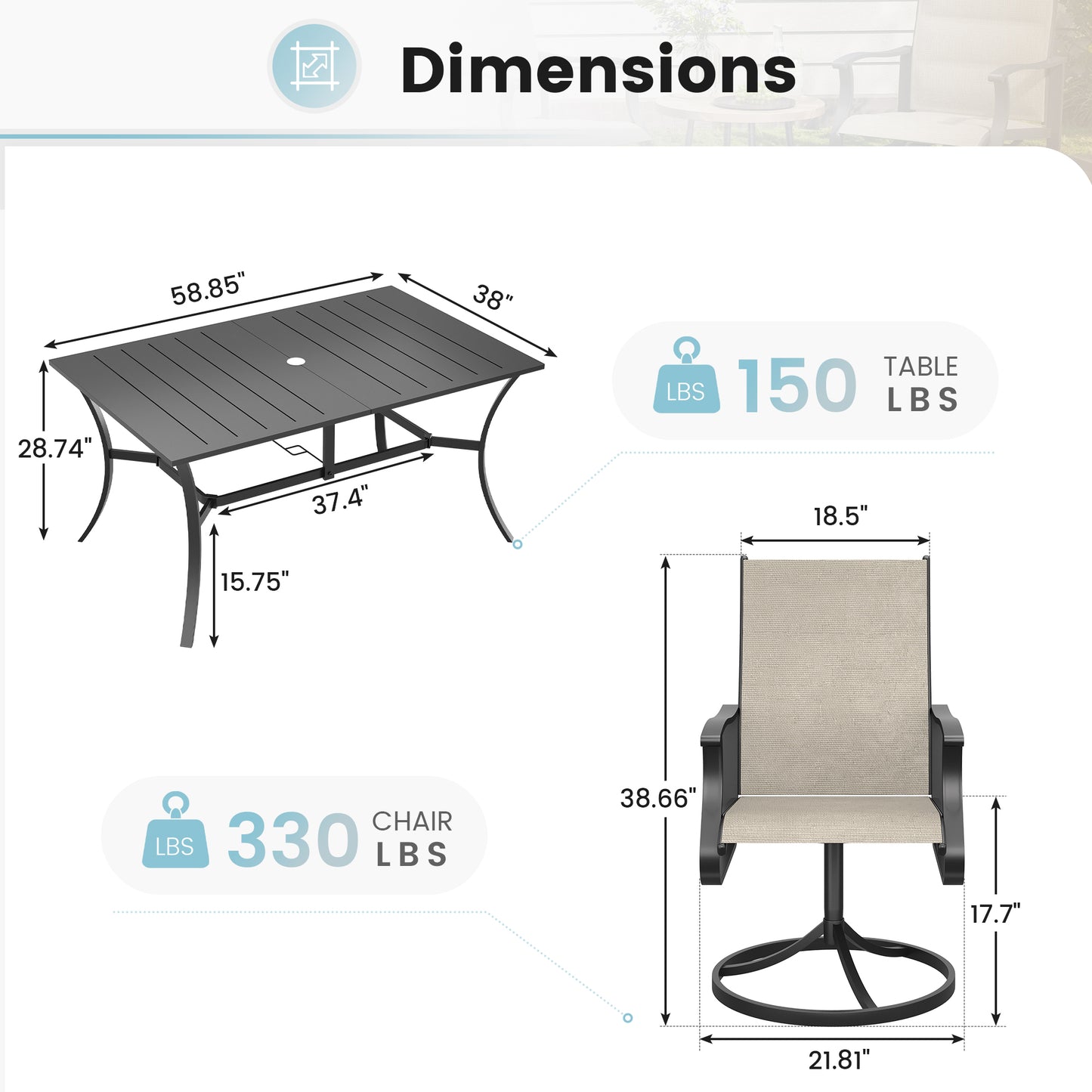 VONZOY 7 Pieces Patio Dining Set, Patio Outdoor Furniture Set of 6 Patio Swivel Dining Chairs and Patio Spliced Rectangular Tabletop with Umbrella Hole, for Deck, Backyard, Poolside & Garden