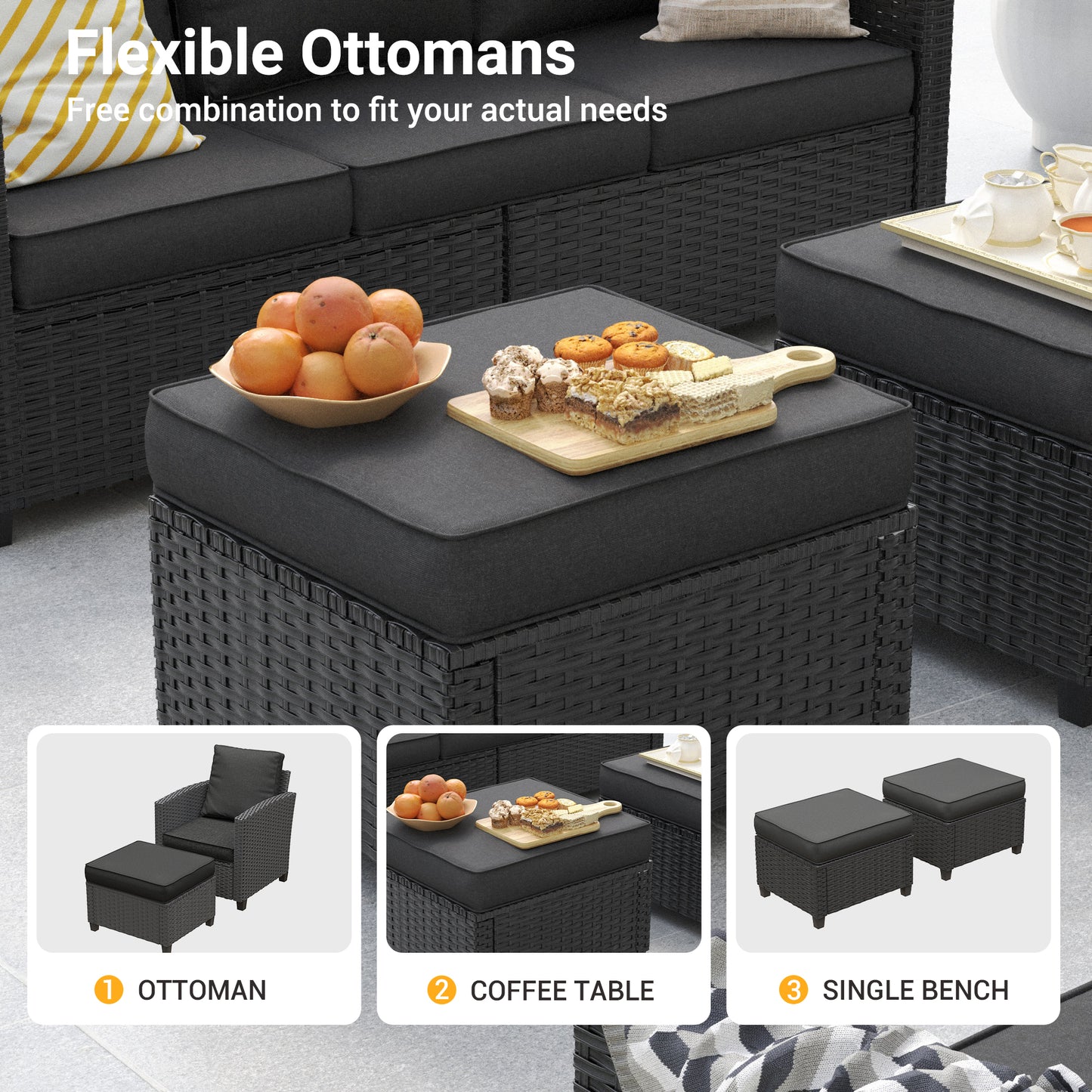 VONZOY Outdoor Furniture Set, 5 Pcs Wicker Patio Couch with Chairs, Ottomans and Thick Cushions, All Weather Wicker Rattan Patio Conversation Set.Black