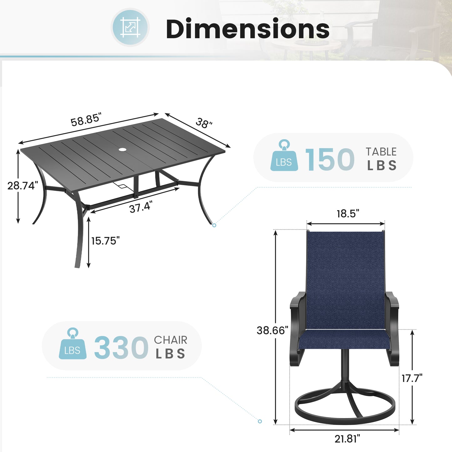 VONZOY 7 Pieces Patio Dining Set, Patio Outdoor Furniture Set of 6 Patio Swivel Dining Chairs and Patio Spliced Rectangular Tabletop with Umbrella Hole, for Deck, Backyard, Poolside & Garden