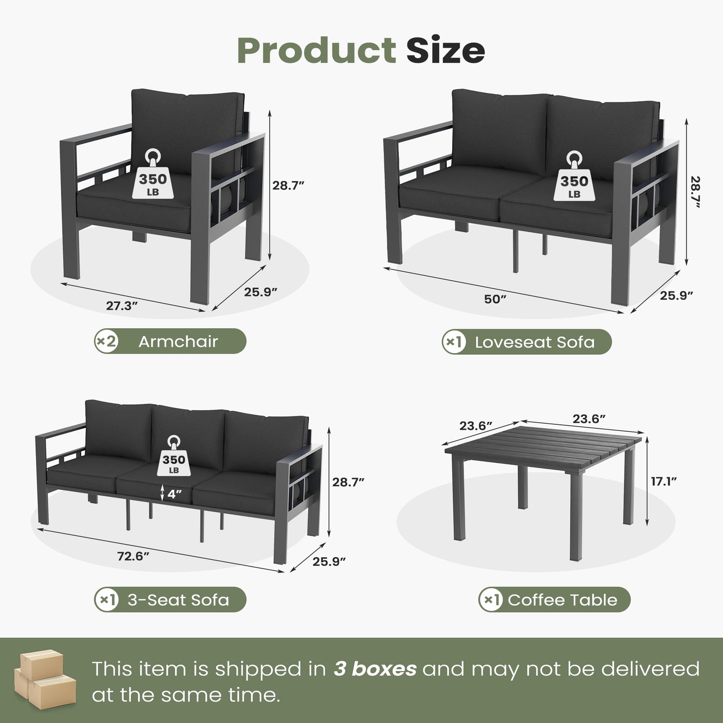 VONZOY 5 Piece Aluminum Patio Furniture Set, Thick Cushions, Aluminum Outdoor Sectional Conversation Set with Coffee Table for Porch, Backyard, Deck(Grey/Dark Grey)