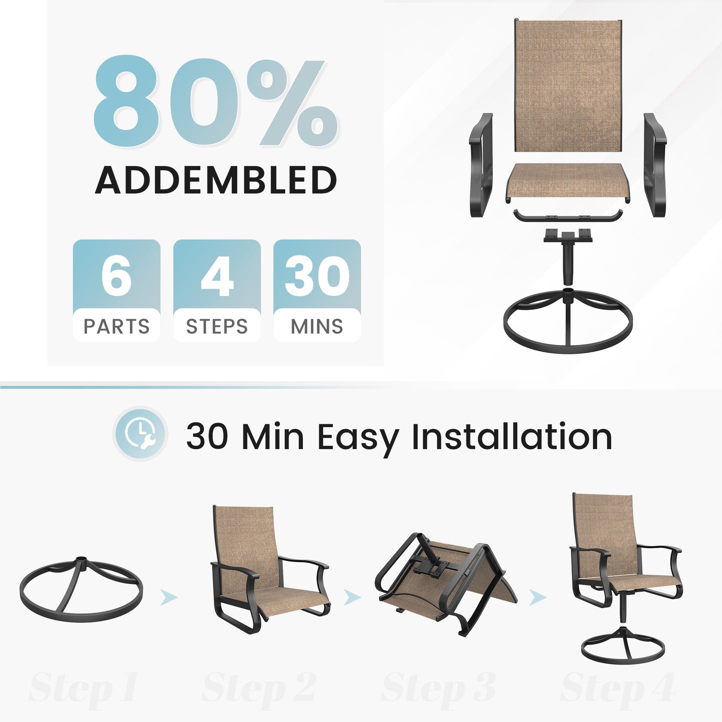 VONZOY Patio Swivel Chairs Set of 2, Outdoor Dining Chairs with High Back, 360° Swivel Rocker Chair in All-Weather Textilene & Metal Frame for Garden, Porch, Backyard, Balcony(Brown)