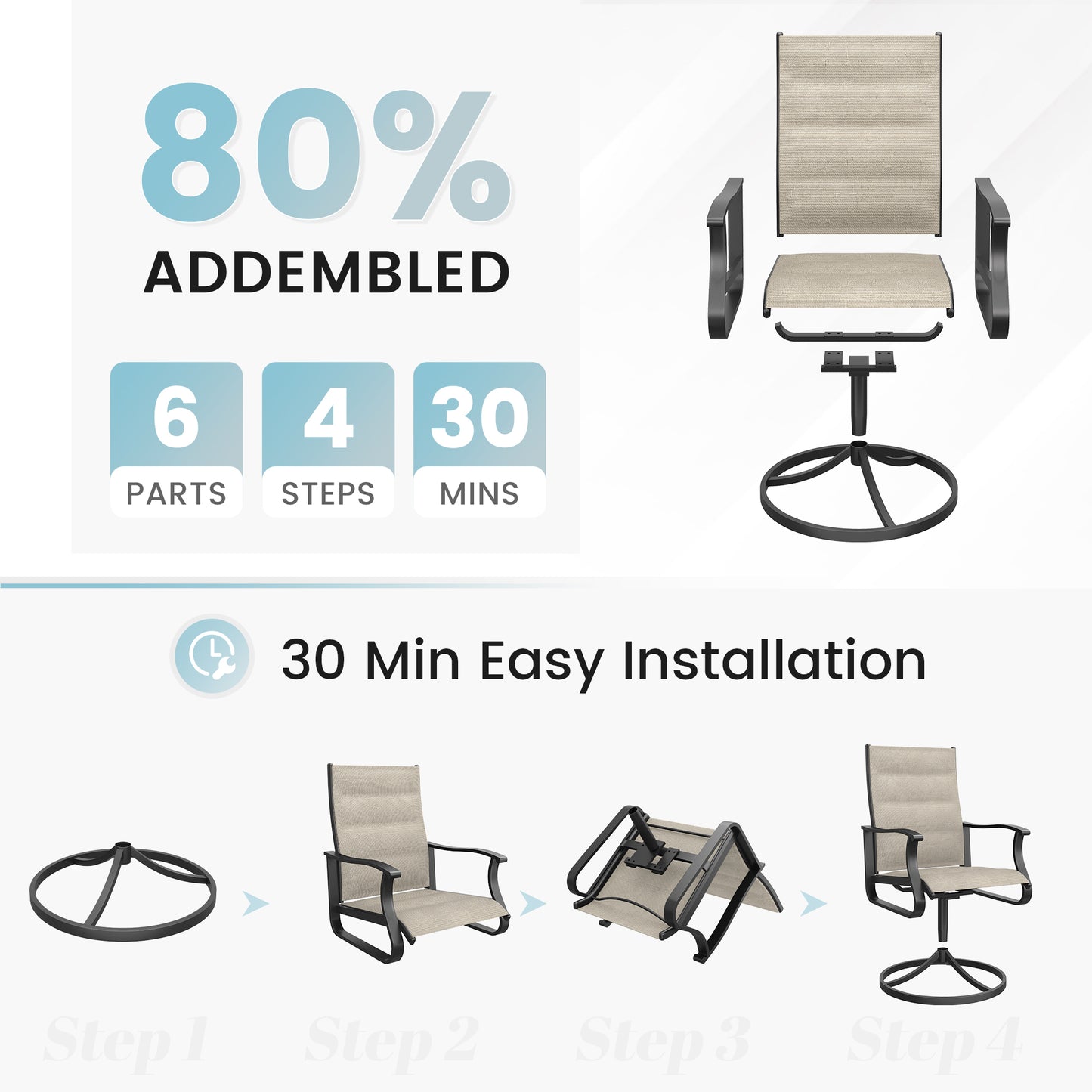 VONZOY Patio Swivel Chairs Set of 2, Outdoor Dining Chairs with High Back, 360° Swivel Rocker Chair in All-Weather Padded Textilene & Metal Frame for Garden, Porch, Backyard, Balcony(Padded Beige)
