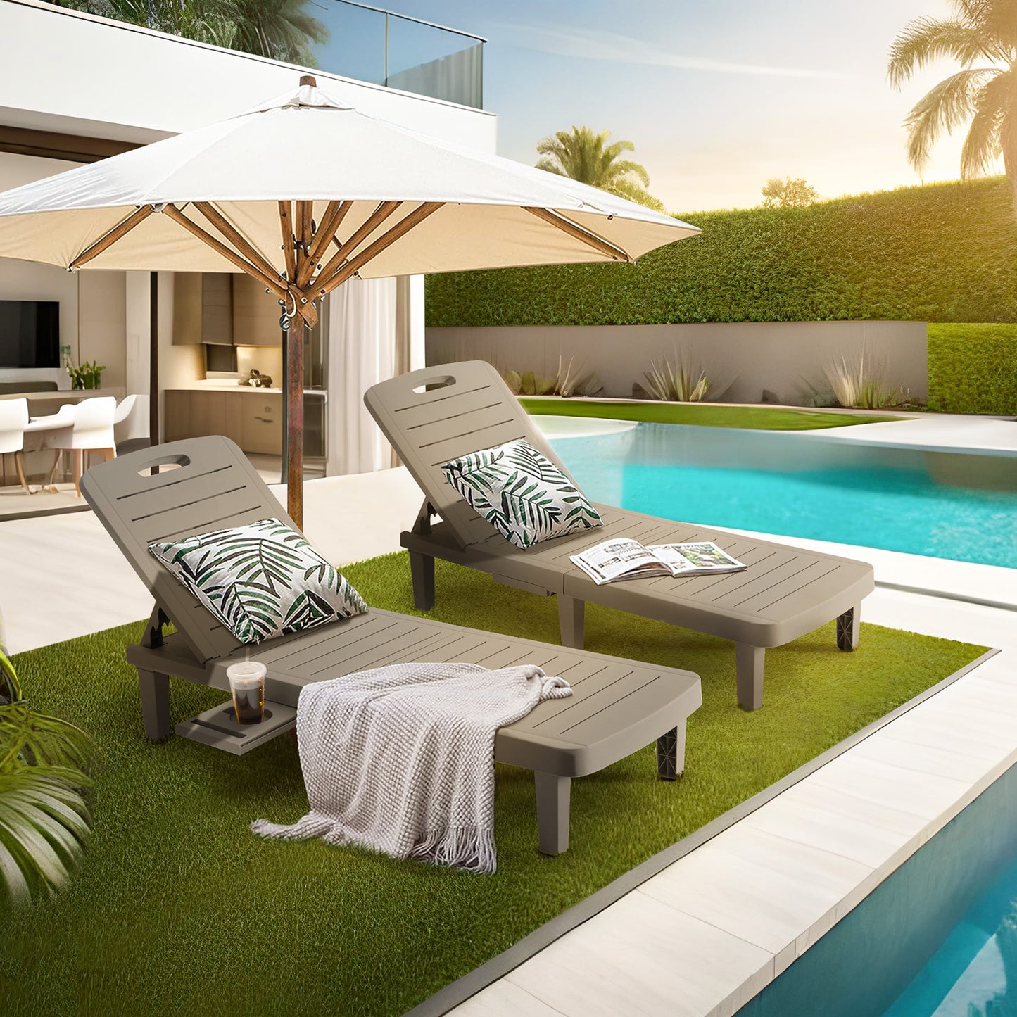 VONZOY Oversized Lounge Chair Outdoor, Resin Patio Lounge Chair with 5 Adjustable Backrest, Oversized Chaise Lounge Chair with Storage Rack for Pool, Deck, Indoor, Garden