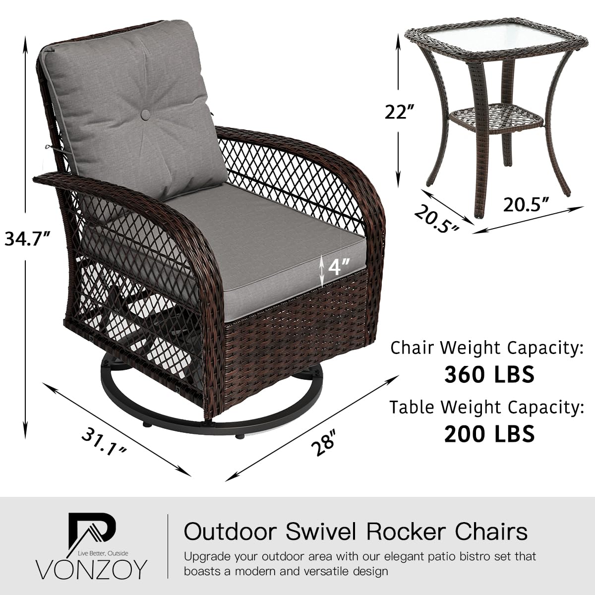 VONZOY 3 Pieces Patio Furniture Set, Outdoor Swivel Glider Rocker, Wicker Patio Bistro Set with Rocking Chair, Thickened Cushions and Table for Porch (Grey)