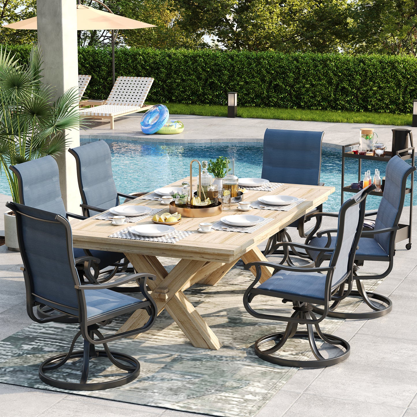 VONZOY Patio Swivel Chairs Set of 4, Outdoor Dining Chairs with High Back, All-weather Swivel Rocker Chair for Lawn, Porch or Garden (Padded Navy)