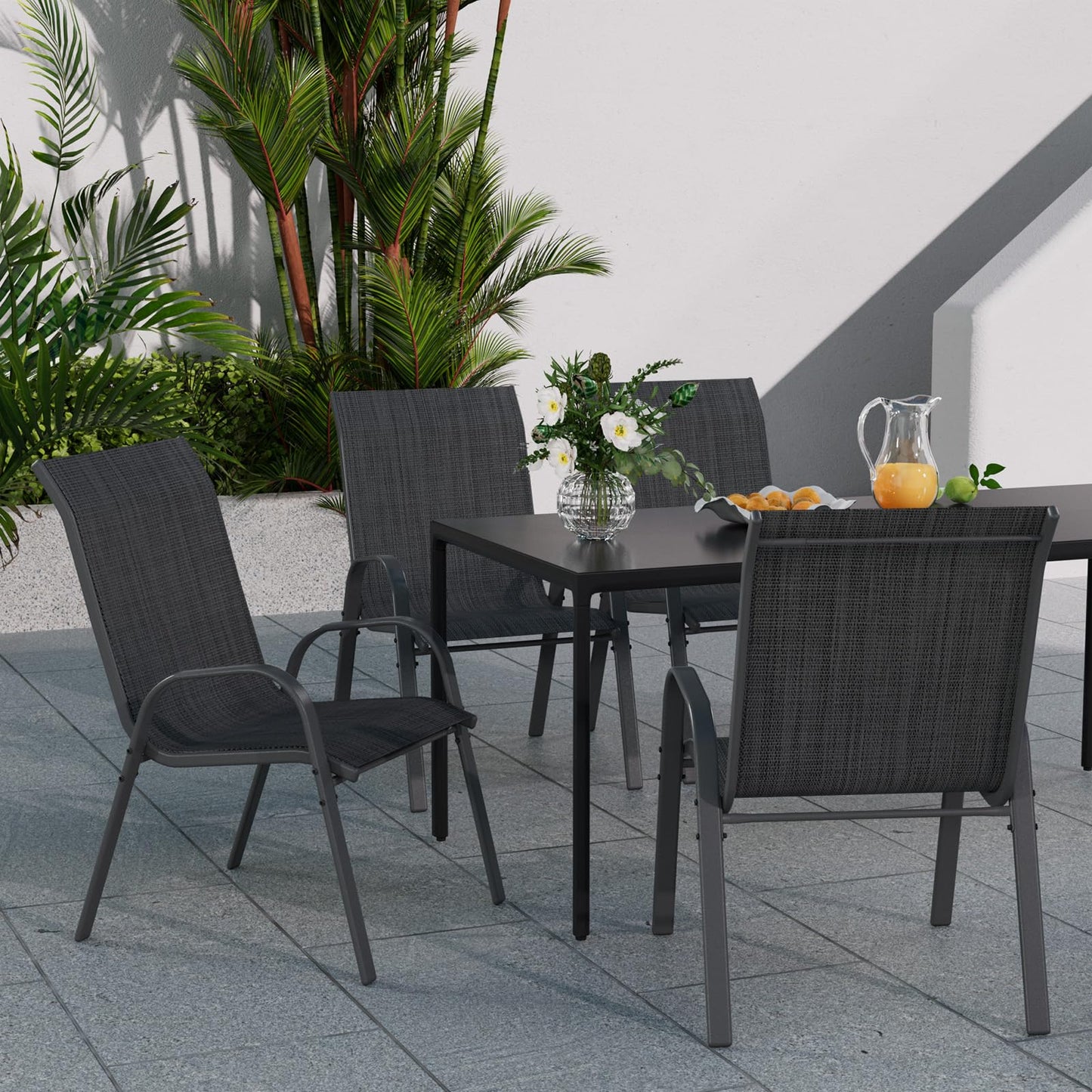 VONZOY Patio Dining Chairs Set of 4, Stackable Dining Chairs High Back, Breathable Seat Fabric and Alloy Steel Frame Fit Backyard, Porch, Lawn,Poolside (Dark Grey)