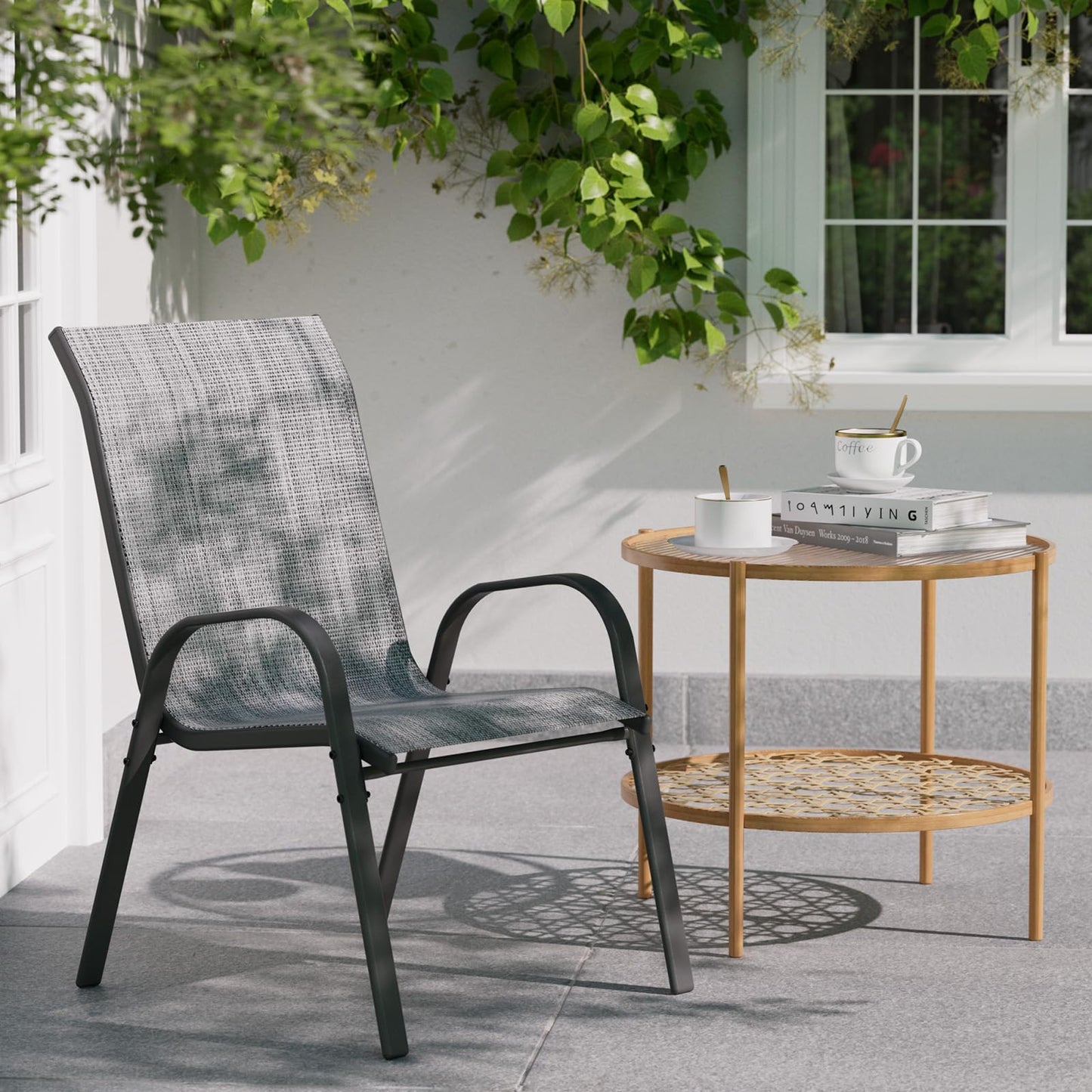 Patio Dining Chairs Set of 2, Outdoor High Stacking Chairs for All Weather, Breathable Seat Fabric and Alloy Steel Frame for Backyard, Porch, Garden(Grey)