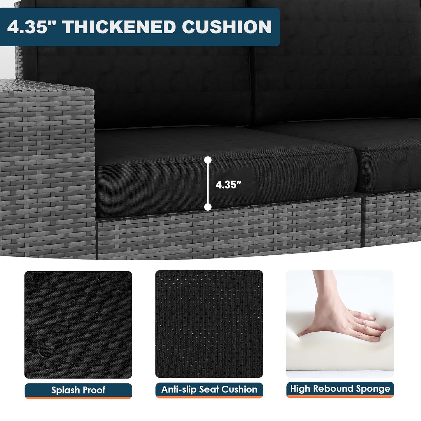 Patio Furniture Set, 6 Pieces Outdoor Sectional Sofa Conversation Sets Modern Wicker Seating Set, 4'' Thickened Cushions 1 Glass Coffee Table for Backyard Poolside, Black