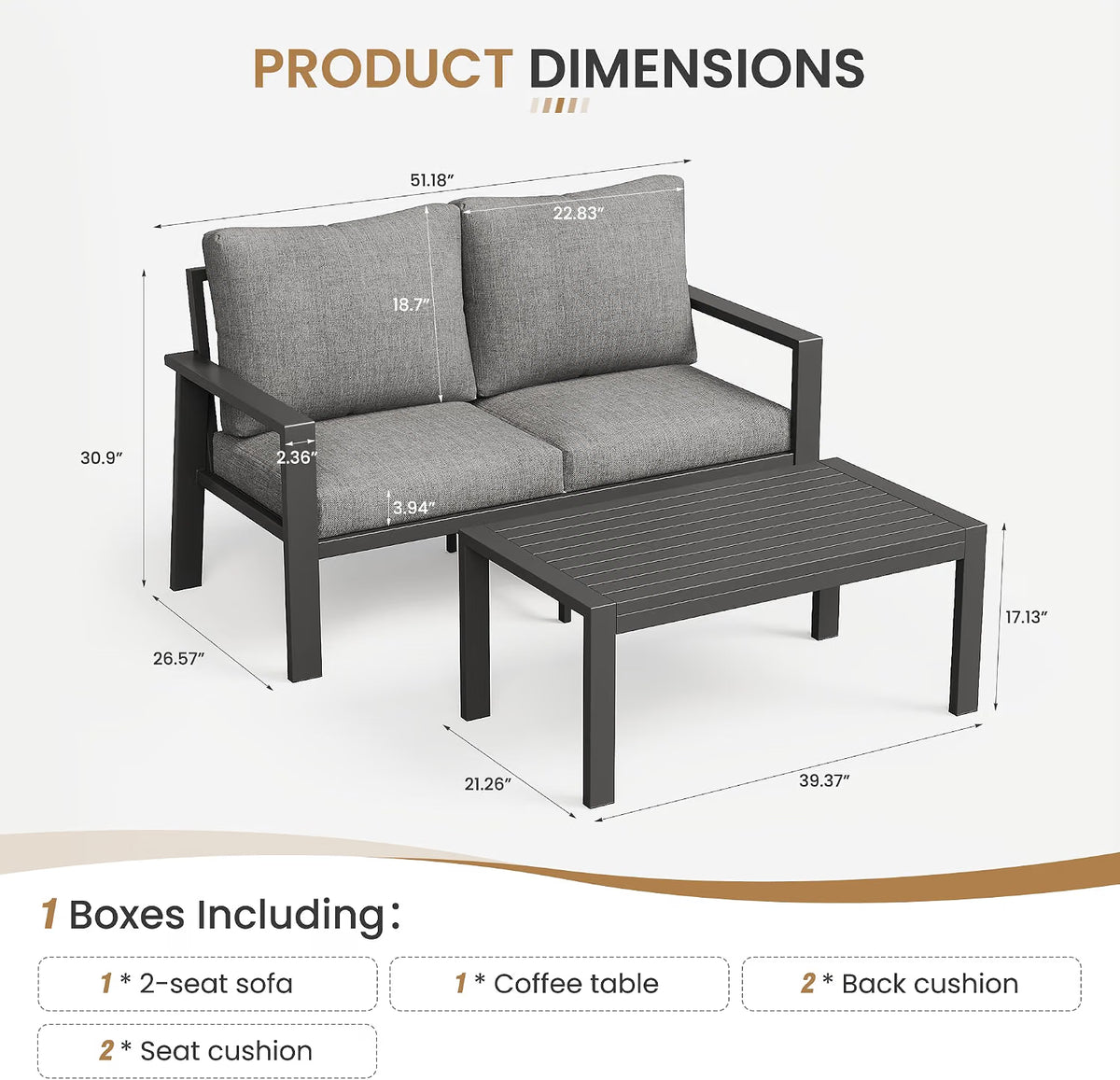 Outdoor Aluminum Loveseat Sofa with Coffee Table Patio Love Seat Couch Loveseat & Table Set with 4"" Cushion Patio Furniture Conversation Set Outdoor Use for Poolside,Balcony,Deck,Yard