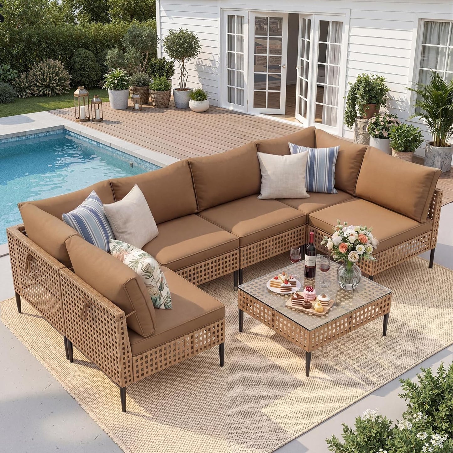Outdoor Wicker Patio Furniture Set 7PCS Modular Sectional Sofa with Elevated High Legs All-Weather Rattan Conversation Set with Water Resistant Thick Cushions & Glass Coffee Table for Yard Deck Porch