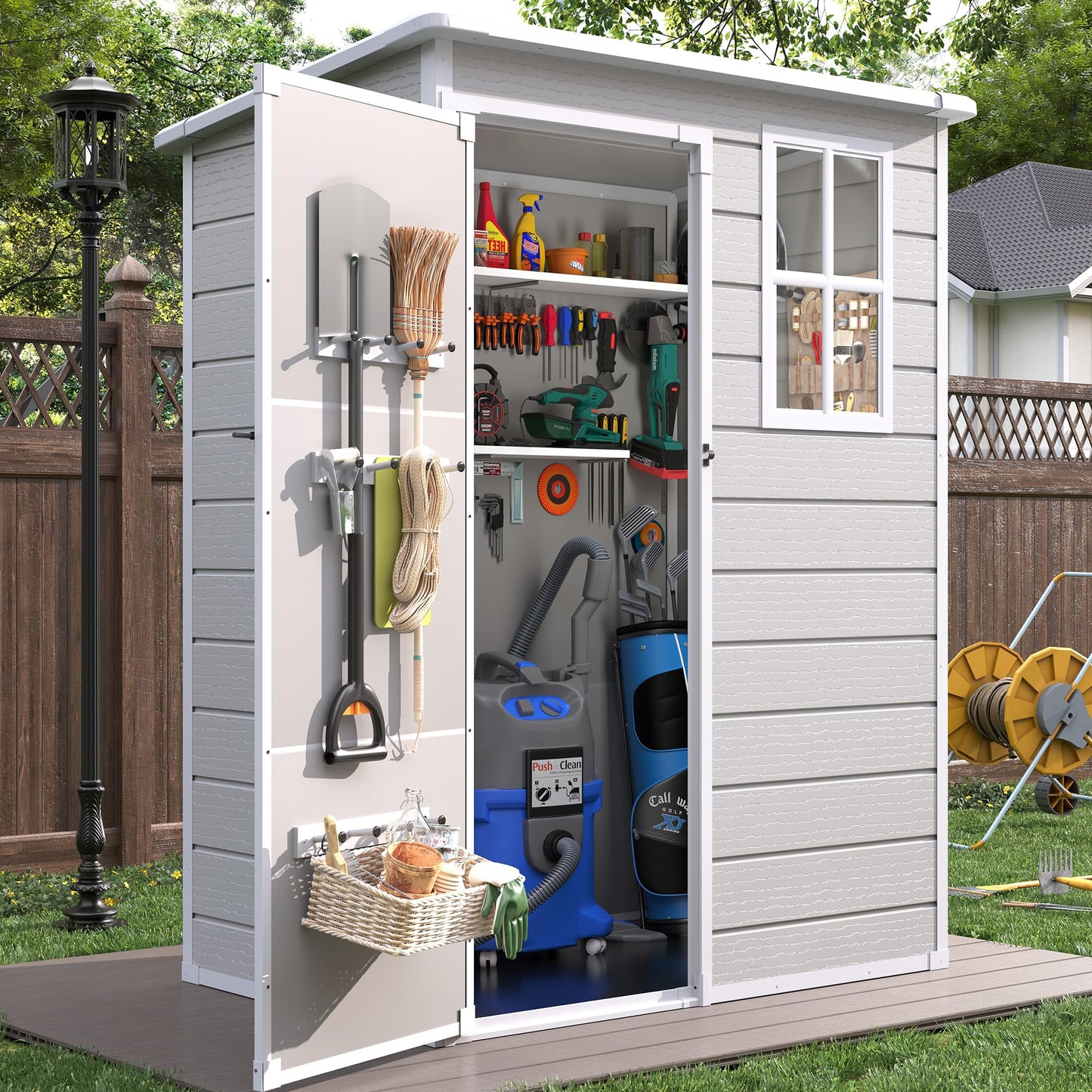 VONZOY Resin Outdoor Storage Shed with Floor, 5x3FT Plastic Garden Shed, Lockable Door & Window, Waterproof Tool Shed for Bike, Garbage Can, Lawn Mower, Patio Furniture Bedge