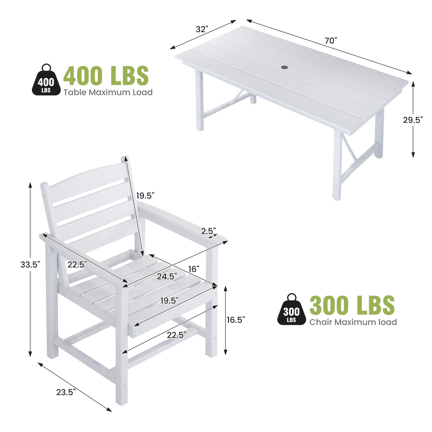 Vonzoy Patio Dining Chairs Set of 5, HDPE Outdoor Furniture Set, Outdoor Dining Set for Garden, Backyard, Poolside (White, 4 Chairs)