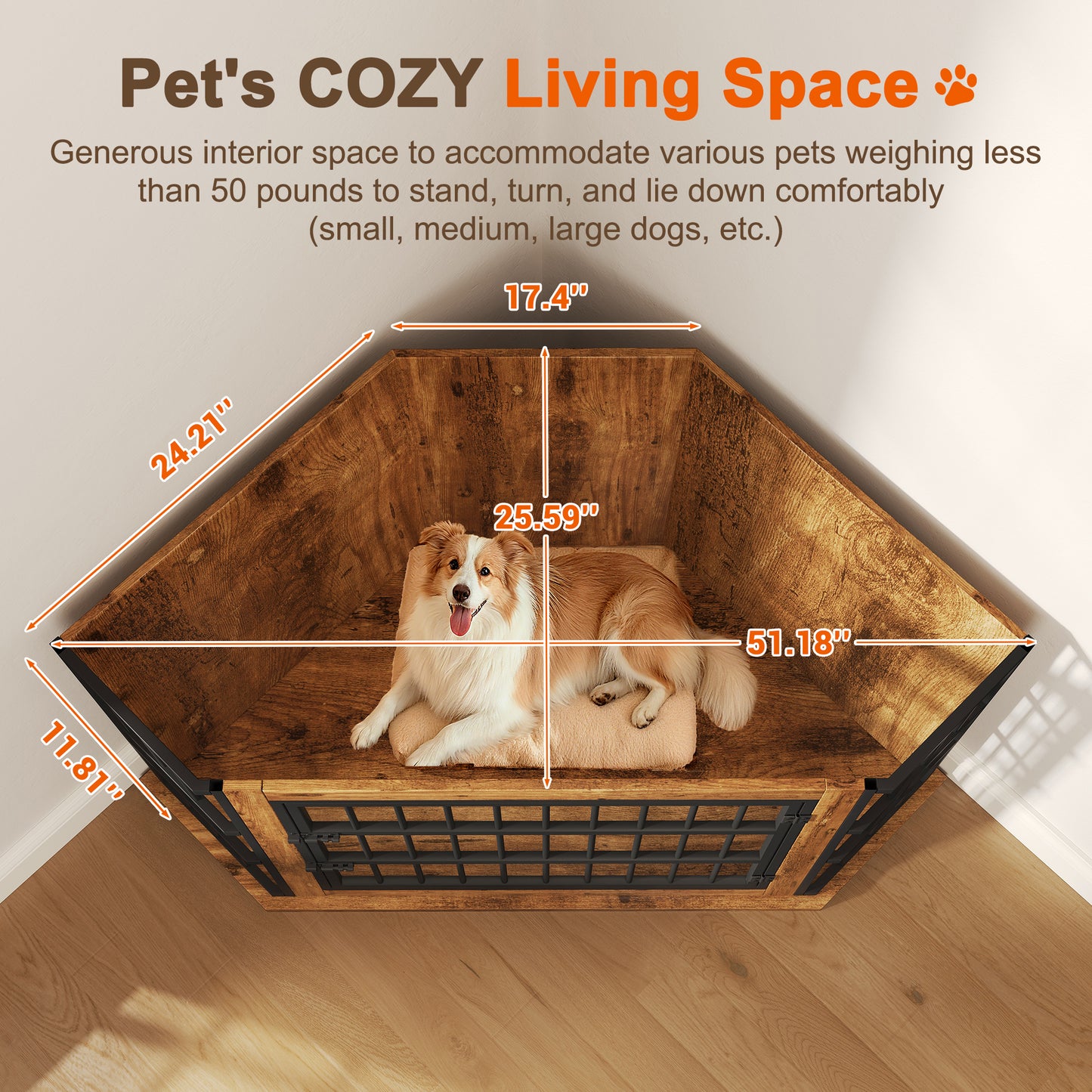 Corner Dog Crate Furniture with 2-Tier Shelves,51" Large Dog Kennel Indoor Wooden End Table, Modern Dog Cage Decorative Pet House TV Stand, Rustic Brown