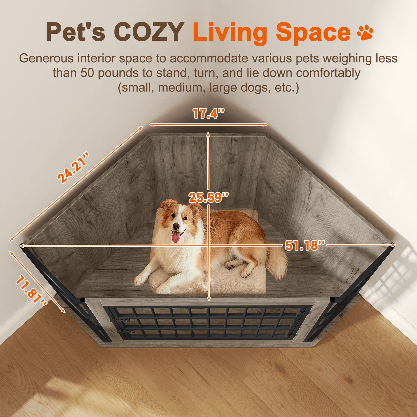 Corner Dog Crate Furniture with 2-Tier Shelves,51" Large Dog Kennel Indoor Wooden TV Stand, Modern Dog Cage Decorative Pet House