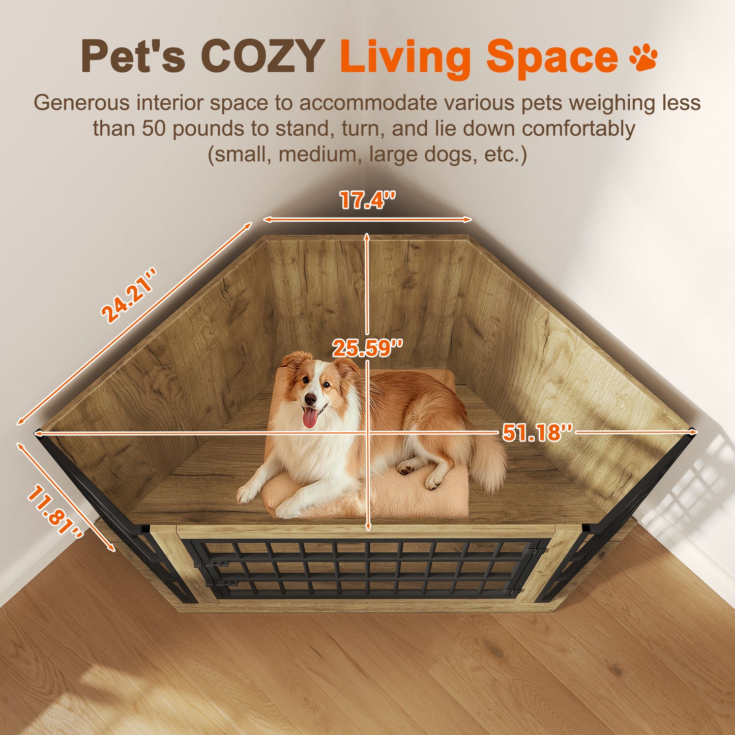 51" Corner Dog Crate Furniture, Wooden Dog Kennel Furniture with 2-Tier Shelves, Decorative Wood Dog House for Small/Medium/Large Dog, Space-Saving Dog Cage for TV Stand