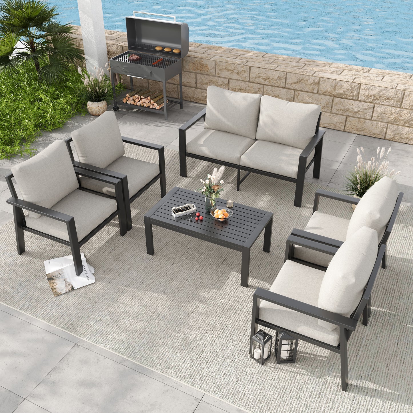 6 Pieces Aluminum Outdoor Patio Furniture Set 6-Seat Deck Furniture Patio Conversation Sets All-Weather Rust-Proof Sectional Sofa Set with Removable Cushion for Balcony, Yard, Poolside,Grey & Beige