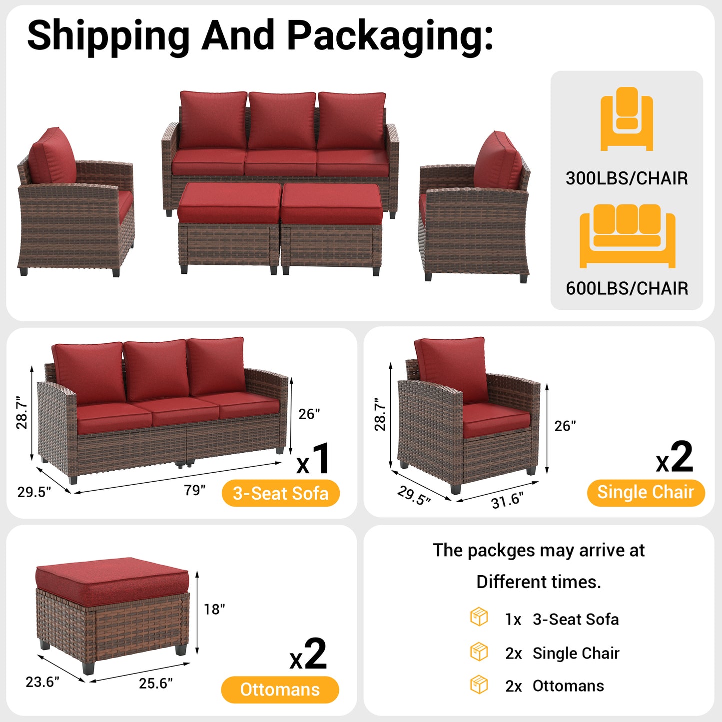 VONZOY Patio Furniture Set, 5 Pieces Outdoor Sectional Couch with Chairs, Ottomans and Thick Cushions, All Weather Wicker Rattan Patio Conversation Set, Wine Red