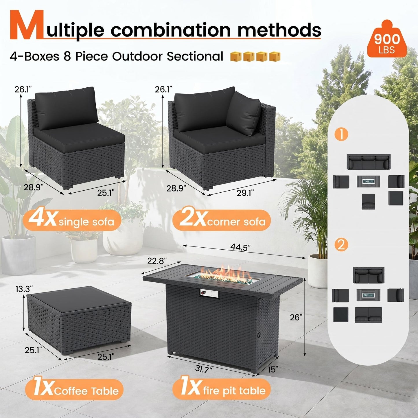 VONZOY 8 Piece Patio Furniture Set with 43" Fire Pit Table, Outdoor Sectional Wicker Sofa Set with Coffee Table (Black/Black)