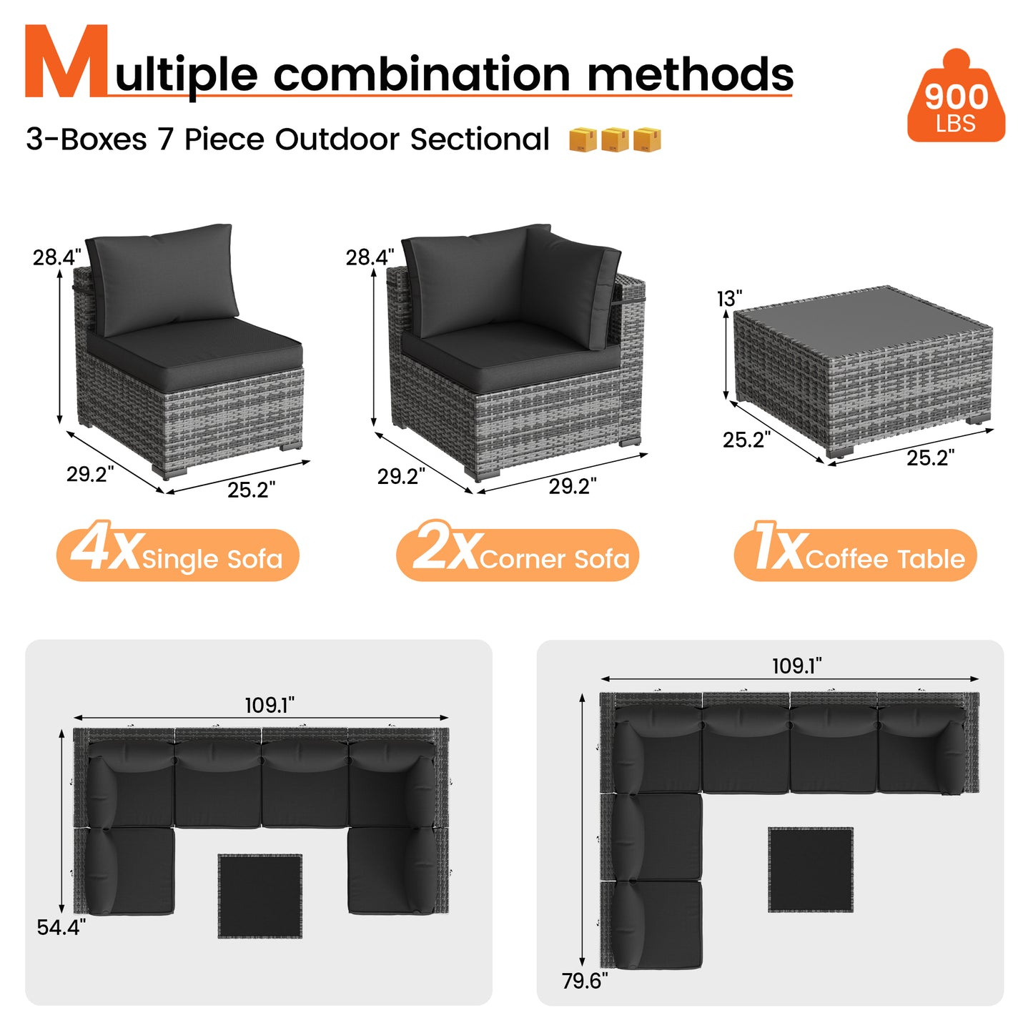 7 Pieces Patio Furniture Set, Modular Outdoor Sectional Sofa Couch with Waterproof Cover & Coffee Table, Wicker Backyard Conversation Sets for Deck, Poolside, Garden (Grey/Black Cushion)
