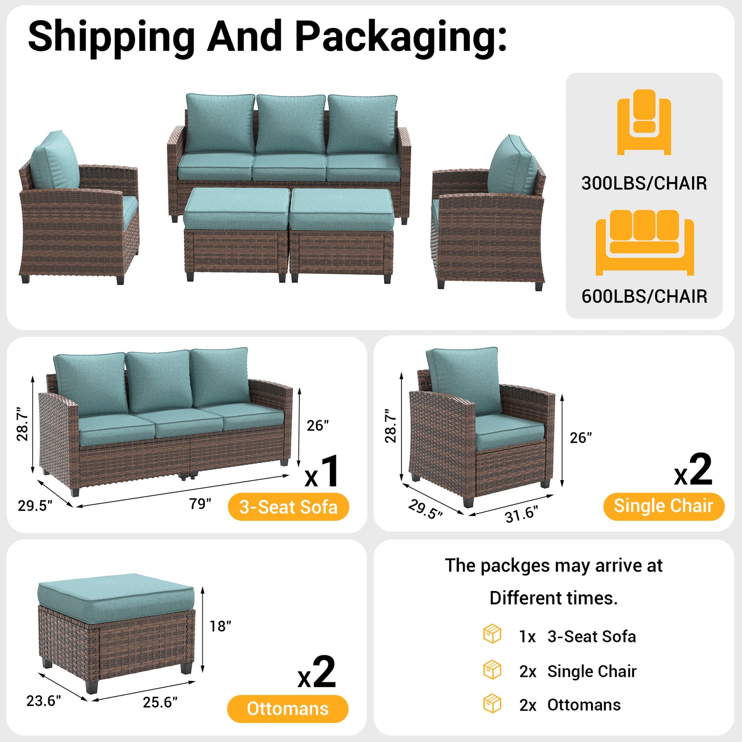 VONZOY Patio Furniture Set, 5 Pieces Outdoor Sectional Couch with Chairs, Ottomans and Thick Cushions, All Weather Wicker Rattan Patio Conversation Set, Light Blue