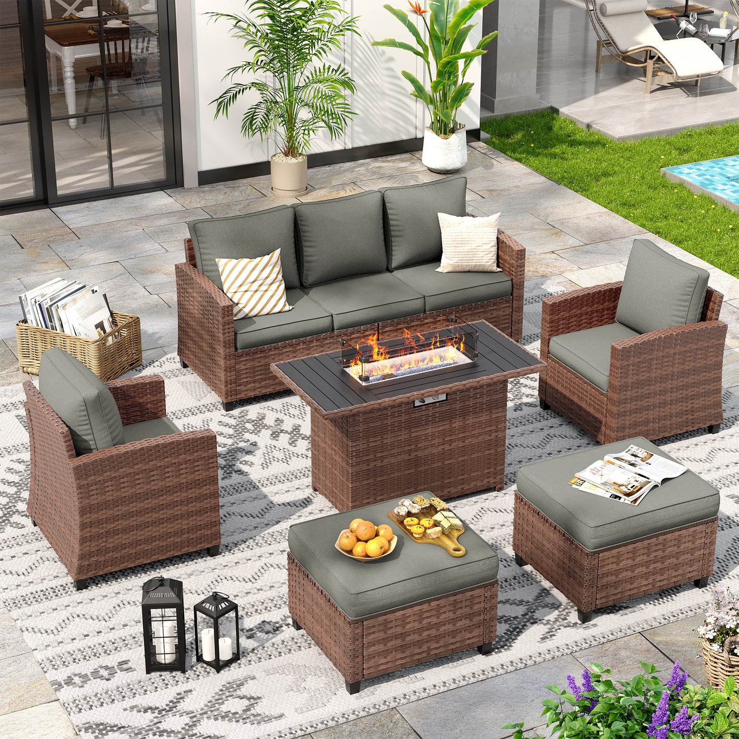 VONZOY 6 Pieces Patio Furniture Set with 44" Gas Fire Pit Table, Outdoor Sectional Sofas, All-Weather Wicker Rattan Sofa w/Gas Fire Pit, Ottoman, Thick Cushion, Dark Grey