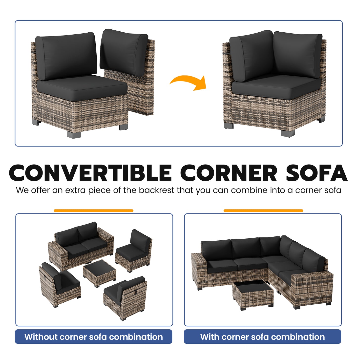 VONZOY Patio Furniture Set, Wide Armrest Outdoor Furniture Set with Thick Cushions, 6 Piece Wicker Rattan Patio Sectional Sofa for Backyard, Poolside, Garden