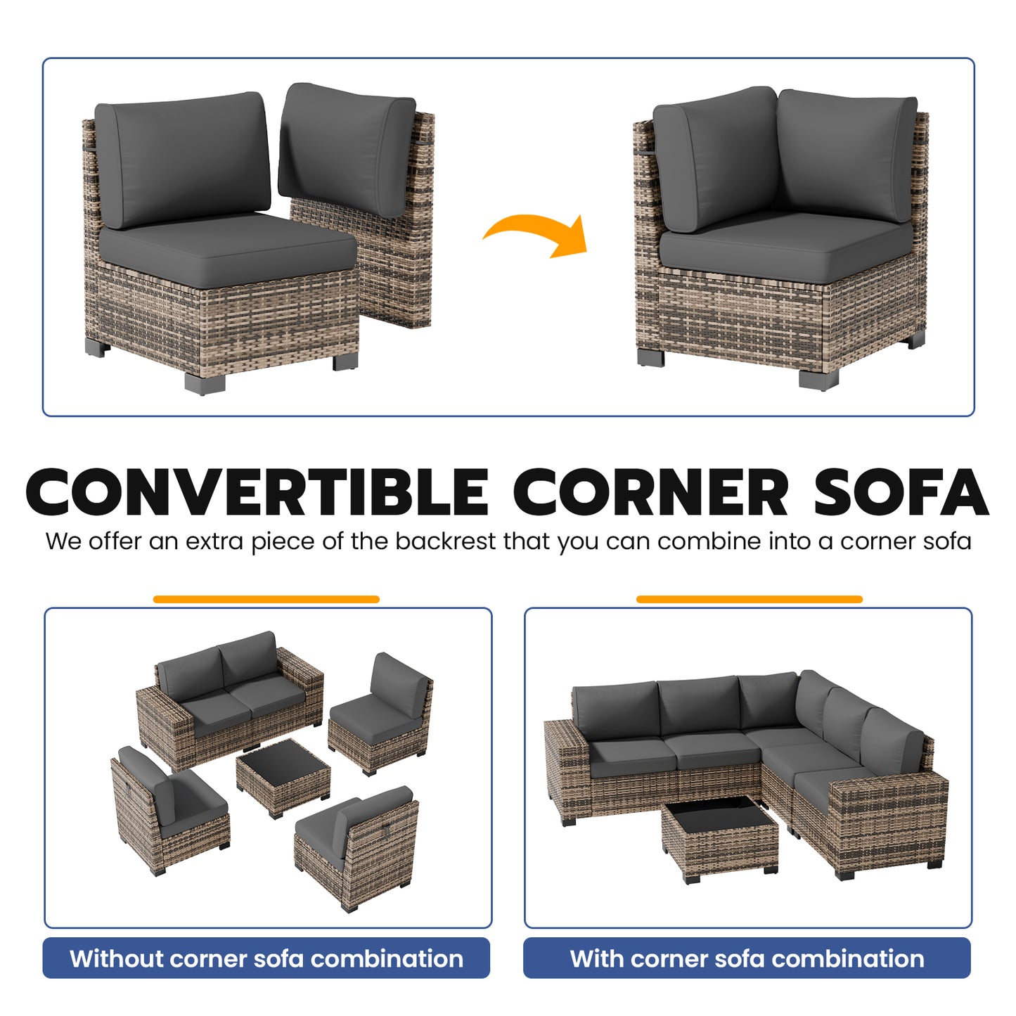 VONZOY Patio Furniture Set, Wide Armrest Outdoor Furniture Set with Thick Cushions, 6 Piece Wicker Rattan Patio Sectional Sofa for Backyard, Poolside, Garden