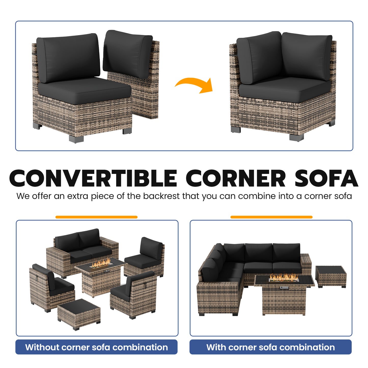 VONZOY Patio Furniture Set, Wide Armrest Outdoor Furniture Set with 44" Fire Pit Table Thick Cushions, 7 Piece Wicker Rattan Patio Sectional Sofa for Backyard, Poolside, Garden
