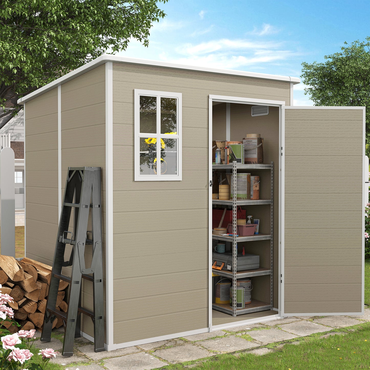 VONZOY Outdoor Storage Shed, 6x6 FT Resin Shed with Floor and Lockable Door, Window & Vents, Tool Sheds & Outdoor Storage for Bike, Garden Accessories, Tools, Waterproof