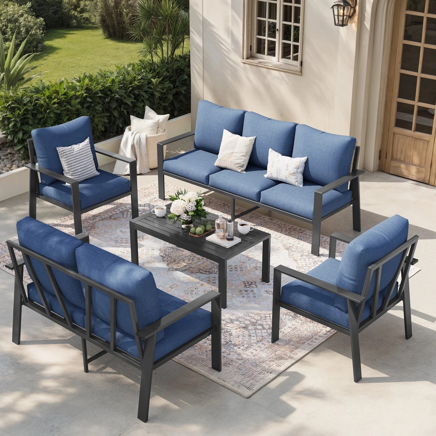 VONZOY 5 Pieces Aluminum Patio Furniture Set, Modern Patio Conversation Sets for Porch, Deck, Garden, 7-Seat Outdoor Metal Sofa Set with 4" Water-Resistant Cushion & Coffee Table,Navy