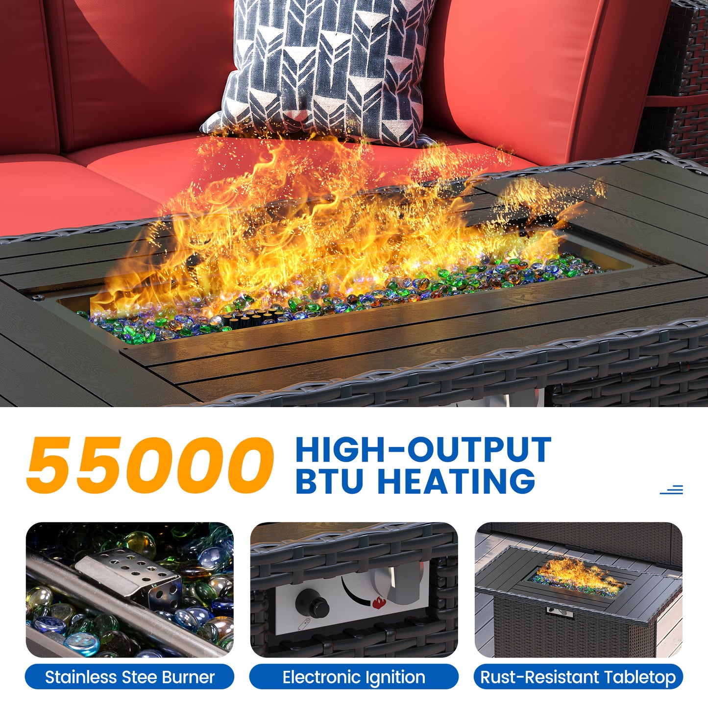 VONZOY 8-Piece Patio Furniture Set with 44” Fire Pit Table - All-Weather Wicker Conversation Sectional Sofa & Coffee Table with Thickened Cushions for Backyard, Garden(Wine)