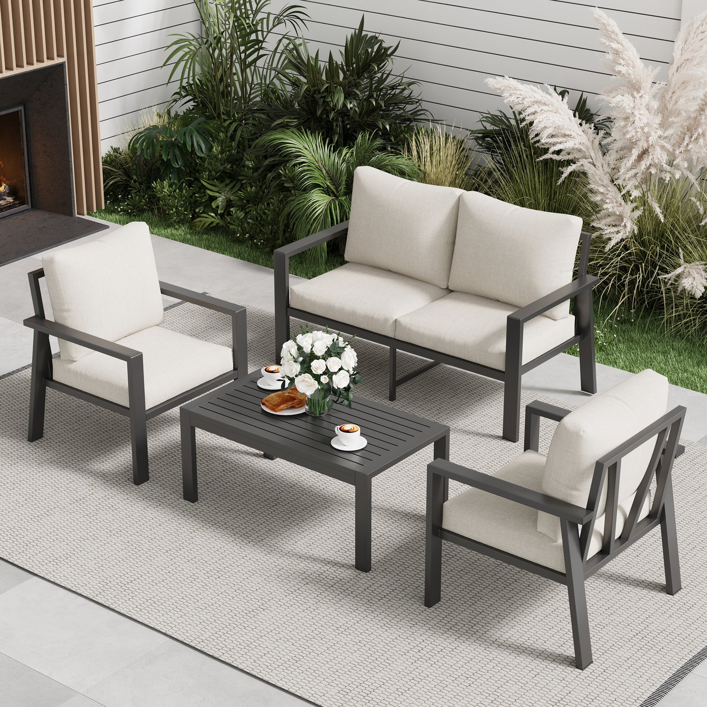 4-Piece Aluminum Patio Conversation Sets All-Weather Sectional Outdoor Furniture Set with Coffee Table & Cushions with Removable Covers for for Backyard, Garden and Poolside Easy Assembly(Beige)