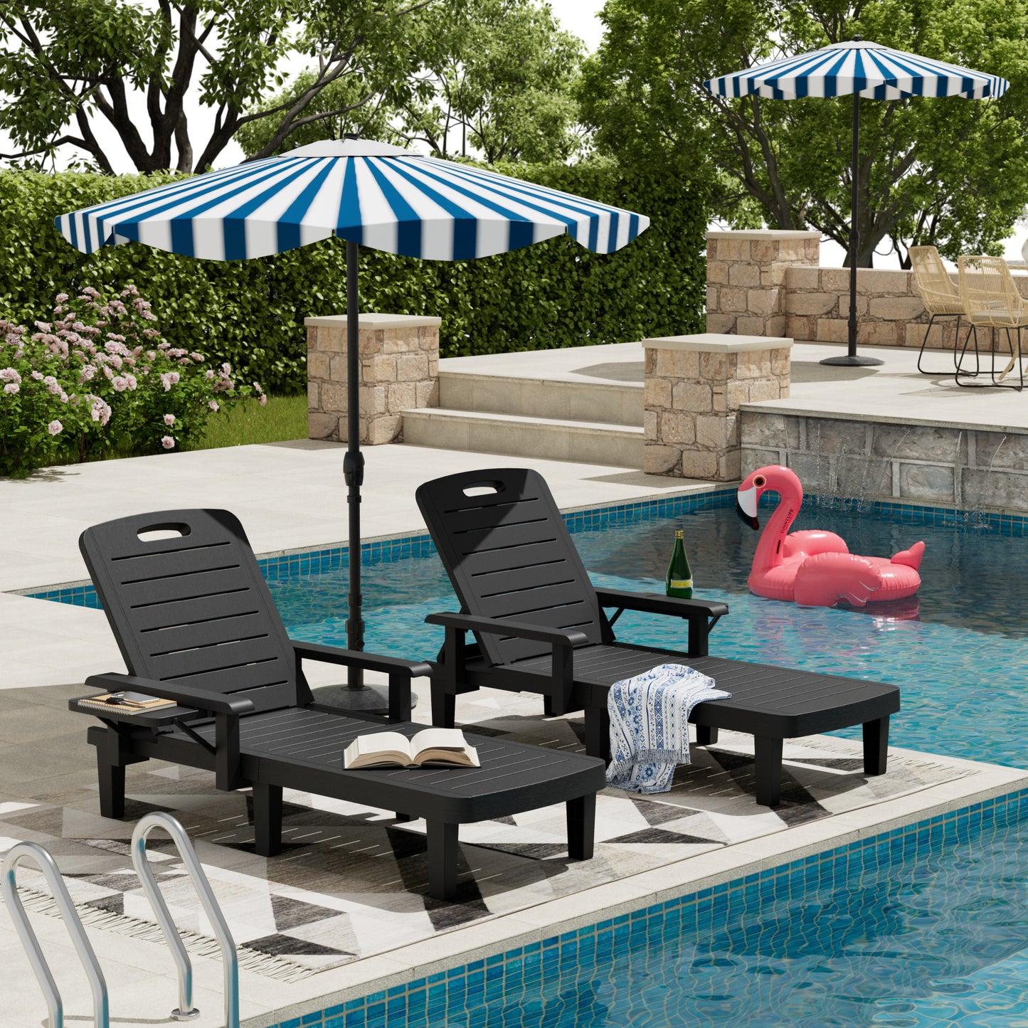 Vonzoy 2PCS Outdoor Lounge Chair with Armrests, Adjustable 5-level Height, Durable Resin, Easy to Clean, Patio Pool Chaise Chaise with Cup Holder