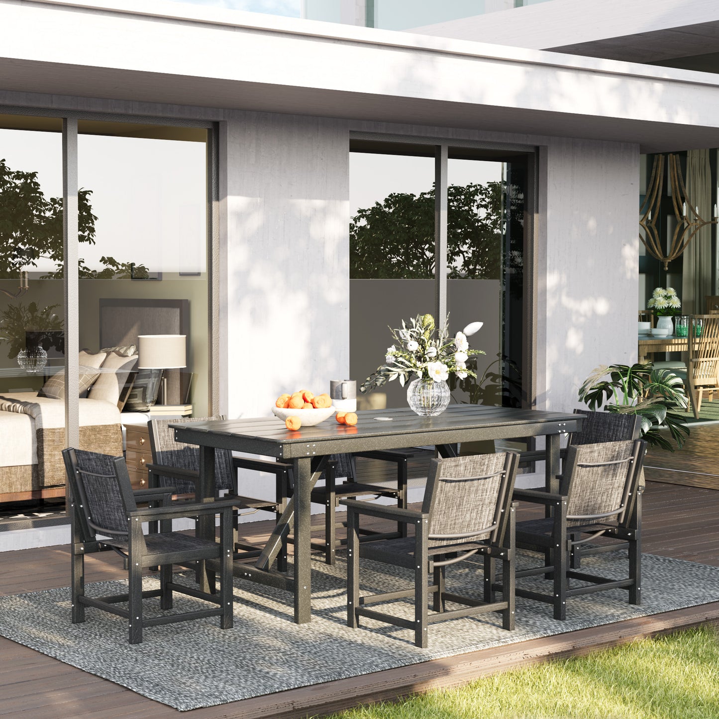 VONZOY Dining Table Set for 6, Outdoor Dining Sets 5 PCs, HDPE Table with 6 Textile Dining Chairs, Weather and Crack Resistance, Patio Dining Sets for Porch Backyard Indoor Lawn Garden Dining Room