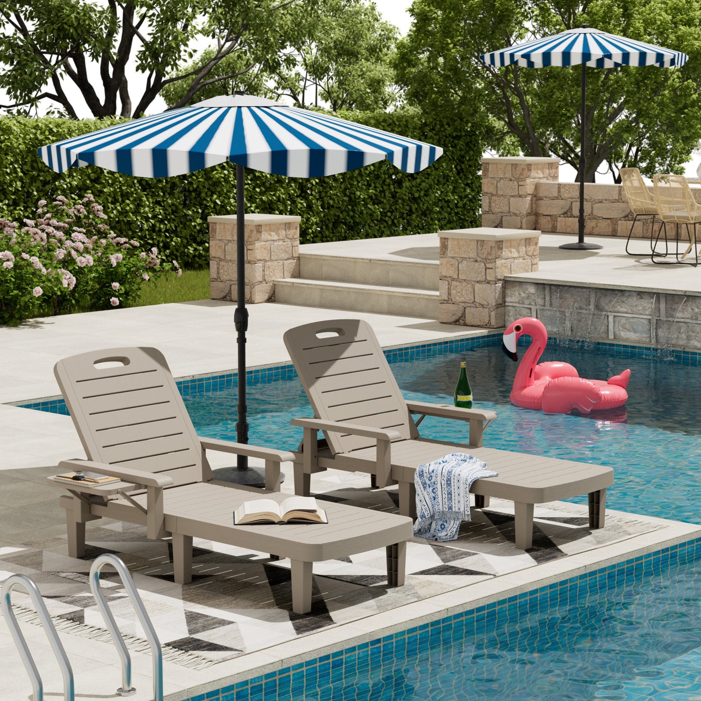 Vonzoy 2PCS Outdoor Lounge Chair with Armrests, Adjustable 5-level Height, Durable Resin, Easy to Clean, Patio Pool Chaise Chaise with Cup Holder