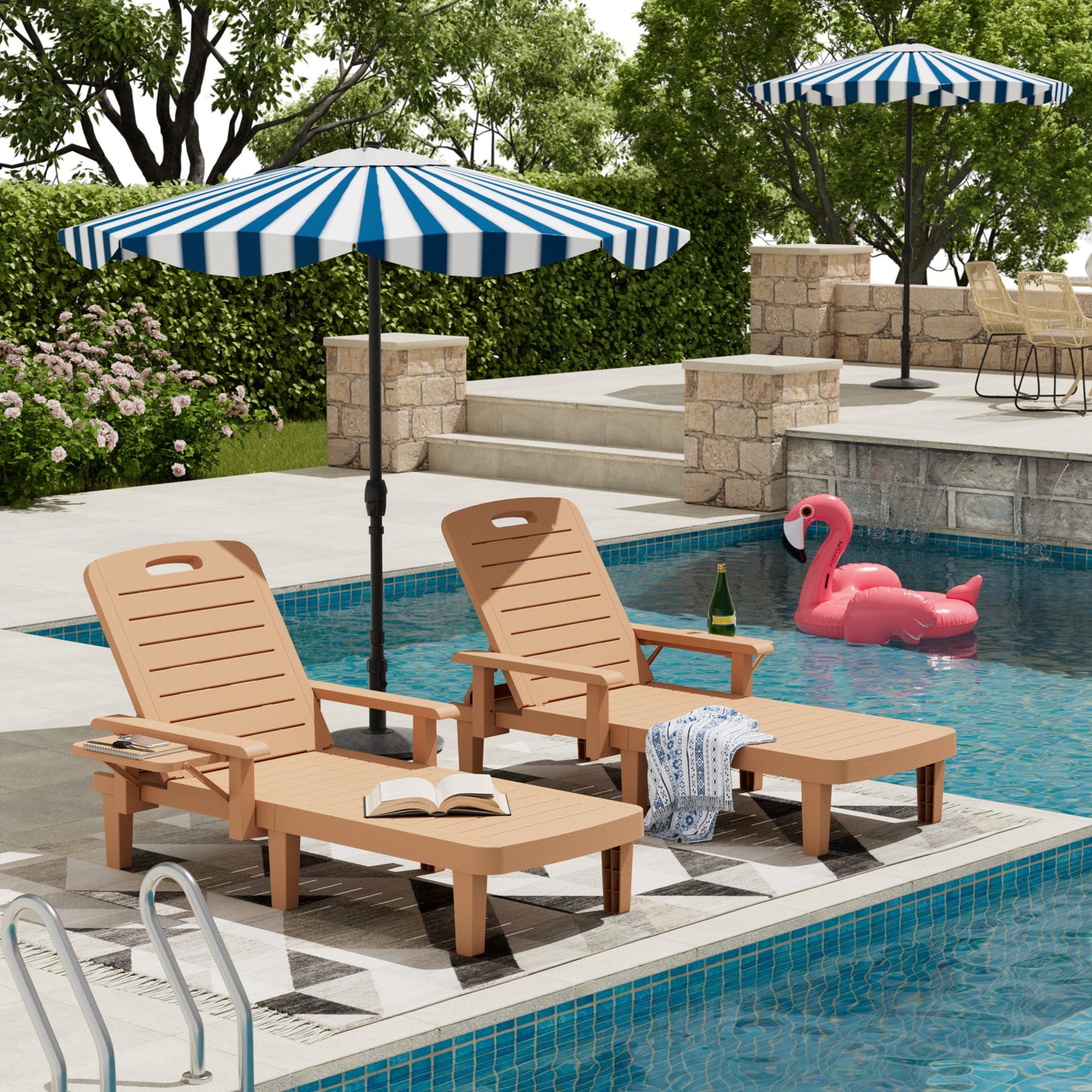 Vonzoy 2PCS Outdoor Lounge Chair with Armrests, Adjustable 5-level Height, Durable Resin, Easy to Clean, Patio Pool Chaise Chaise with Cup Holder