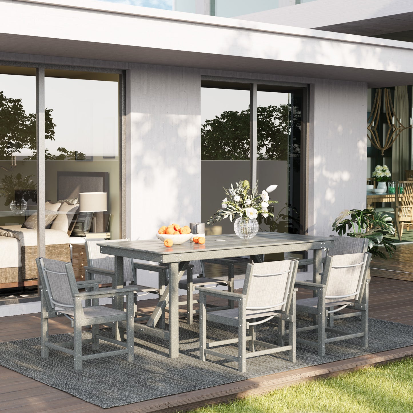 VONZOY Dining Table Set for 6, Outdoor Dining Sets 5 PCs, HDPE Table with 6 Textile Dining Chairs, Weather and Crack Resistance, Patio Dining Sets for Porch Backyard Indoor Lawn Garden Dining Room