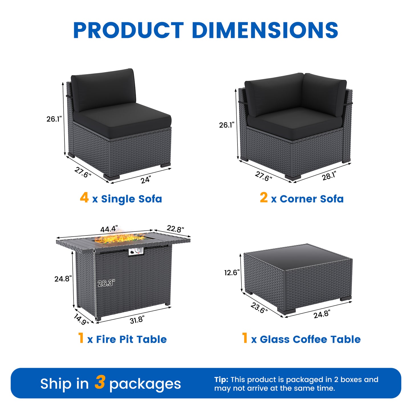 VONZOY 8-Piece Patio Furniture Set with 44” Fire Pit Table - All-Weather Wicker Conversation Sectional Sofa & Coffee Table with Thickened Cushions for Backyard, Garden(Black)